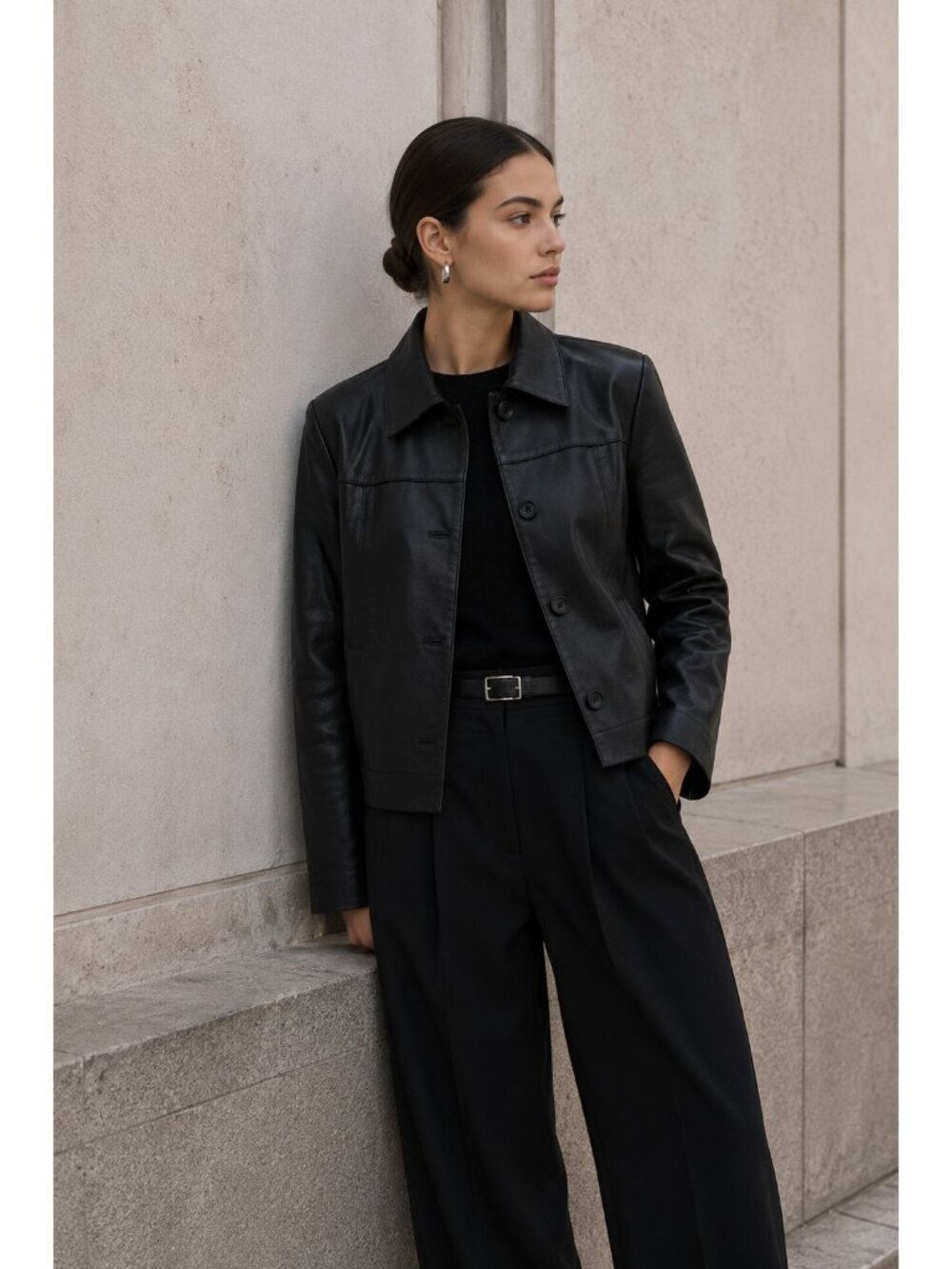 Ann Taylor XS Black Lamb Leather Jacket Womens Button Front Soft Leather Coat